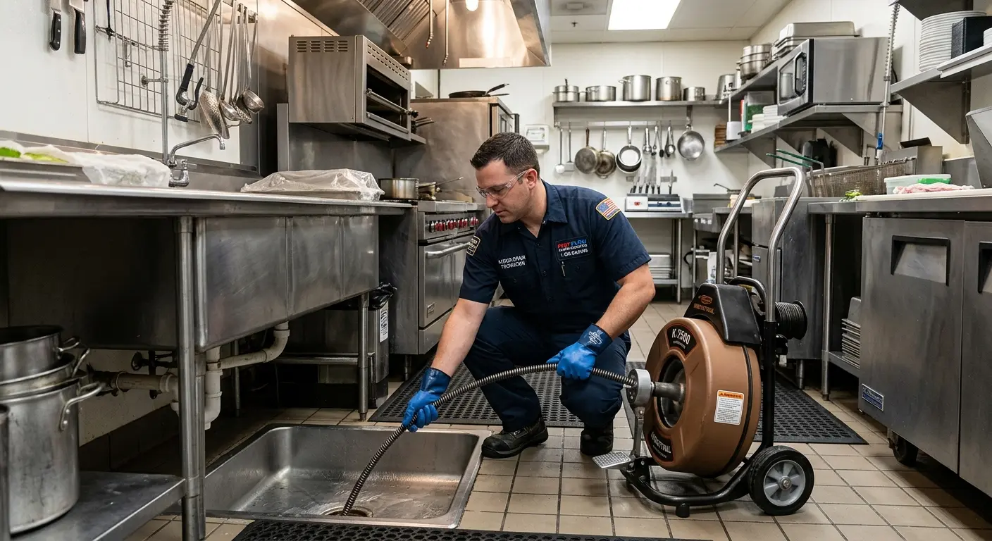 Commercial drain cleaning service in a restaurant kitchen in Media