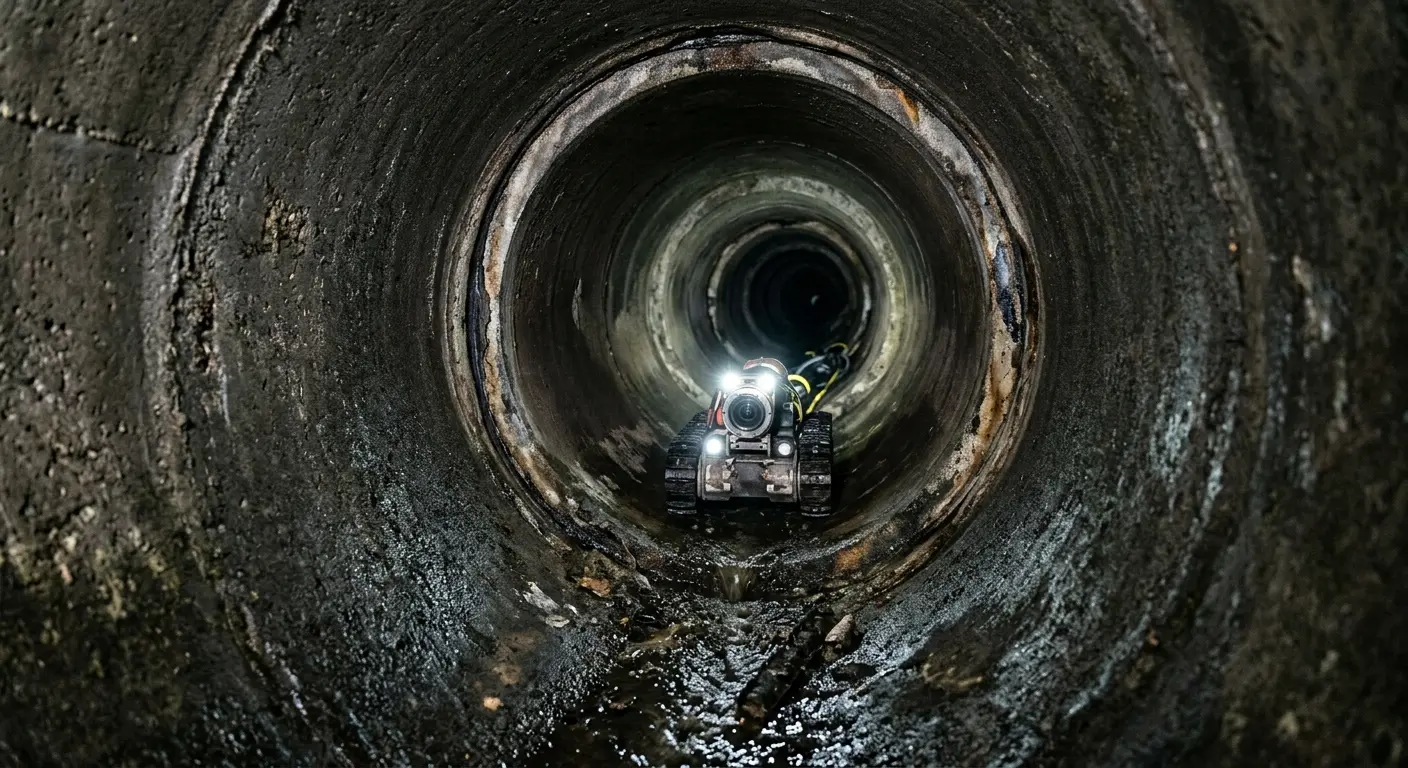 Robotic sewer camera inspecting pipe interior for Drain Snake Service in Media