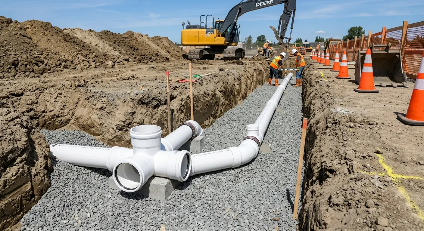New PVC sewer pipe installation in open trench for Sewer Backup in Media