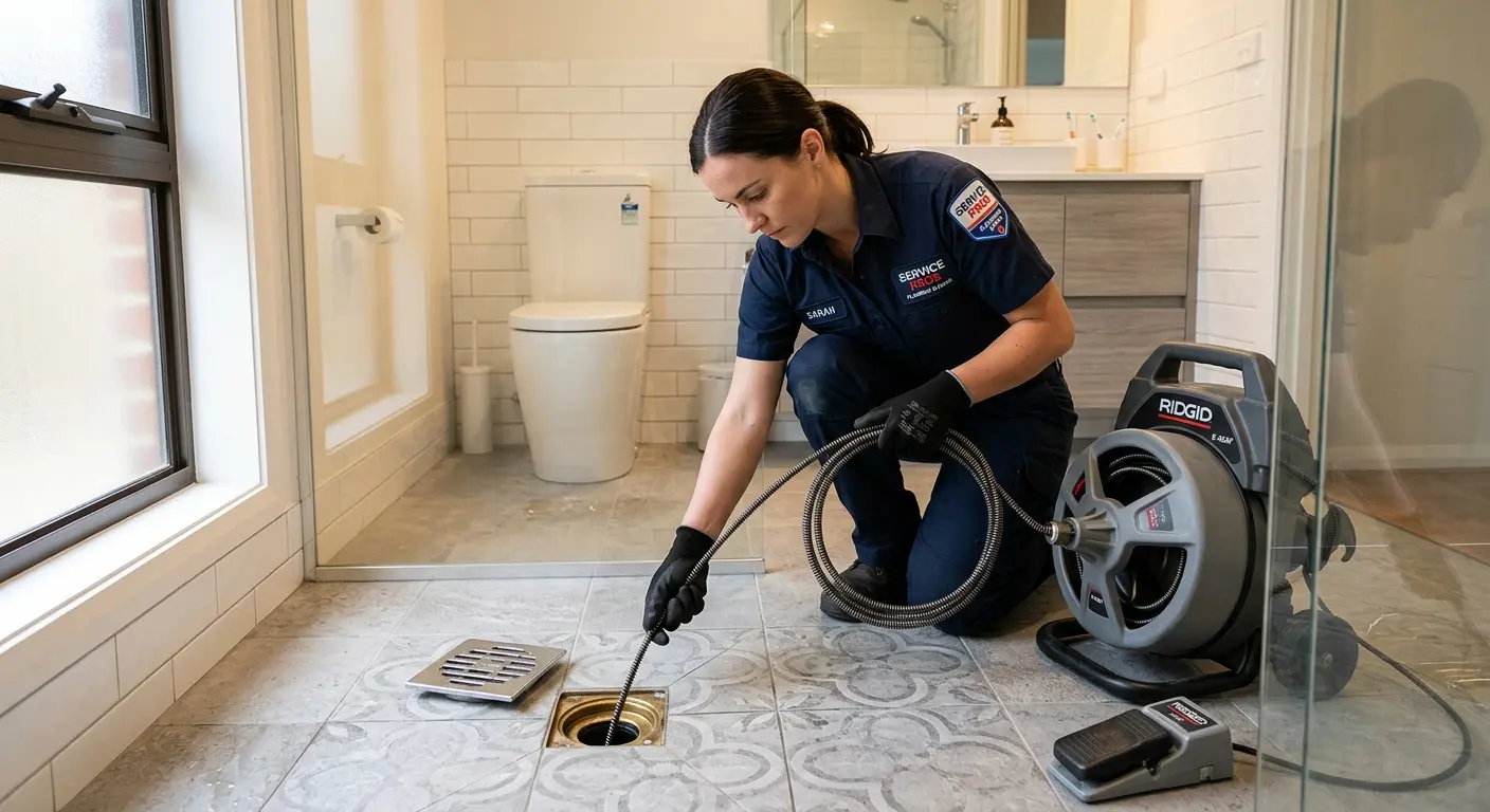 Technician clearing a bathroom floor drain for Drain Cleaning in Media